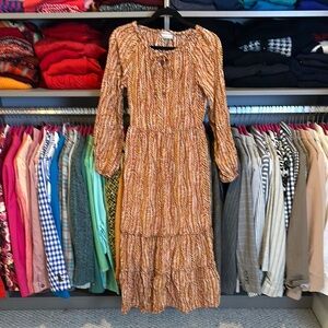 Allison Brittney terracotta/white print long sleeve tie front midi dress size S